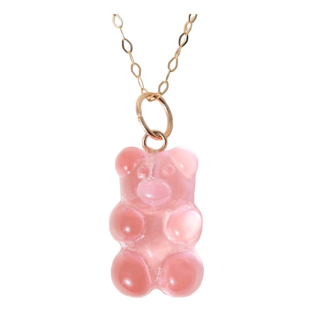 14k Gold Pink Resin Gummy Bear Necklace For Sale