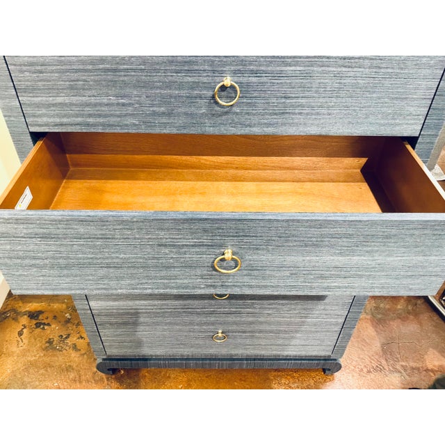 Wood Villa and House Asian Modern Blue Grasscloth Tall Ming Chest of Drawers For Sale - Image 7 of 9