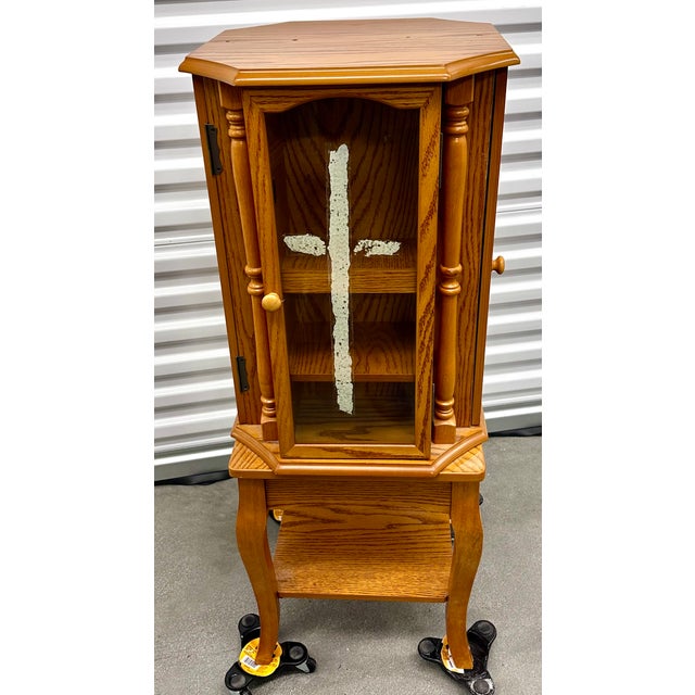 1960s Mid Century Revolving Jewelry Armoire in Oak Finish Free Standing Pilasters Mirror Chest of Draws For Sale - Image 14 of 17