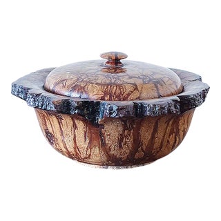 Vintage Chrysanthemum Wood Lidded Bowl in Lotus Pattern For Sale