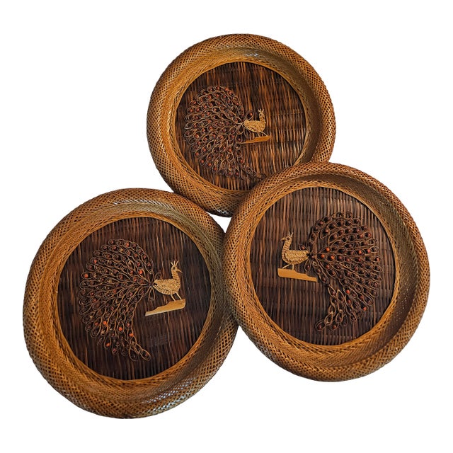 Set of Three Vintage 1970s Wicker Peacock Wall Hanging Boho Rattan Woven Art Pieces For Sale