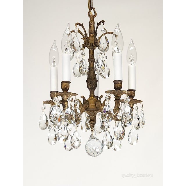 Metal Share Antique Teeny Tiny Twinkling 5 Arm 5 Light Brass Cut Lead Crystal Chandelier ~ Rewired ~ Restored ~ Rejuvenated ~ Ready to Hang ~ For Sale - Image 7 of 12