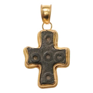 A Byzantine Bronze Cross Trimmed in 21K Gold For Sale