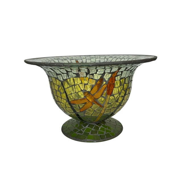Farmhouse Vintage Handmade Mosaic Blue Green Dragonfly Glass Center Bowl For Sale - Image 3 of 6