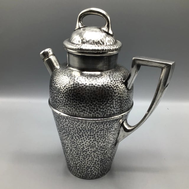 Late 30’s electric plated nickel silver tea pot style cocktail shaker with original cork stopper on the top and in the...