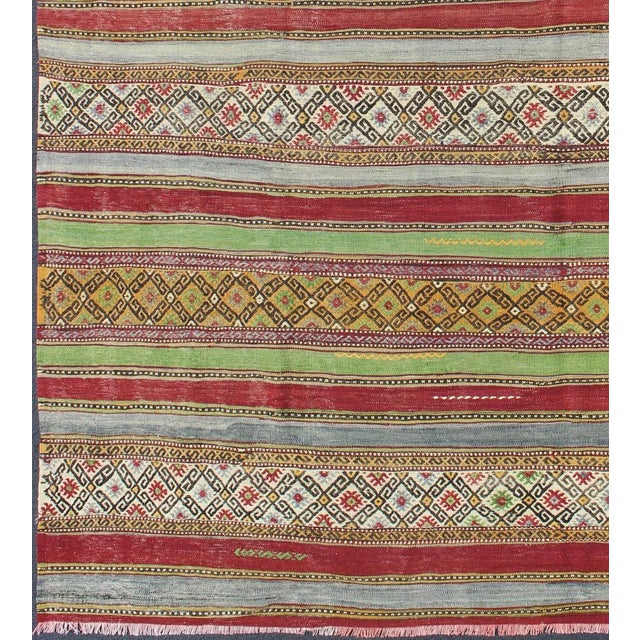 Turkish Fine Weave Turkish Kilim With Embroidery For Sale - Image 3 of 13