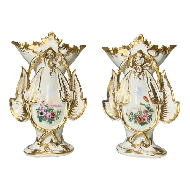Antique Jacob Petit Style Old Paris Vases, Sculptural Gold Gilt, Hand Painted Porcelain, Spill Vases - a Pair For Sale