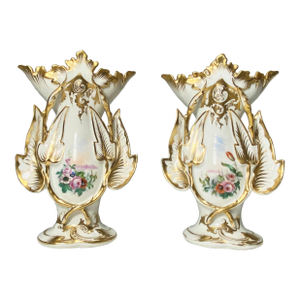 Antique Jacob Petit Style Old Paris Vases, Sculptural Gold Gilt, Hand Painted Porcelain, Spill Vases - a Pair