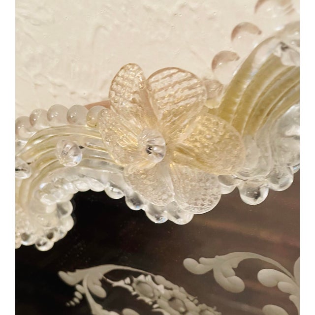 Vintage Italian Murano Glass Venetian Wall Mirror With Floral Engravings & Gold Accents For Sale - Image 10 of 12