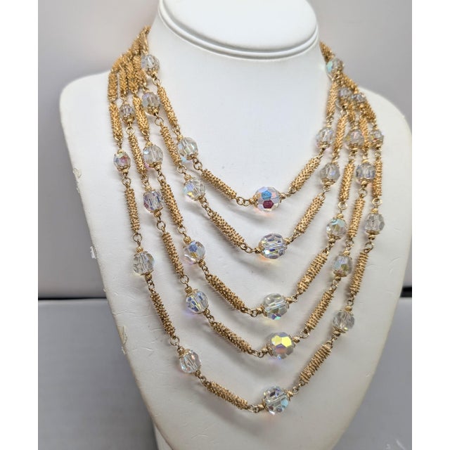 Vendome Vintage 1960s Signed Vendome Goldtone Aurora Borealis Beaded Multistrand Necklace For Sale - Image 4 of 4