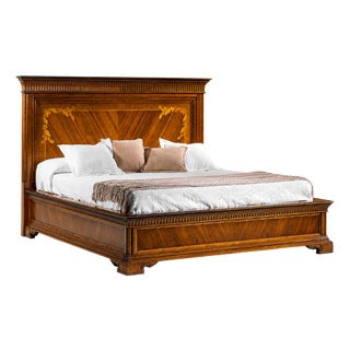 Handcrafted Italian Empire Style Walnut Bed With Marquetry Headboard For Sale