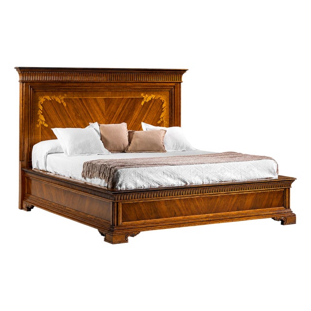 Handcrafted Italian Empire Style Walnut Bed With Marquetry Headboard For Sale