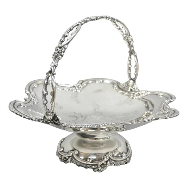 Antique Meriden Silver Plated Floral Repousse Pedestal Brides Wedding Basket For Sale