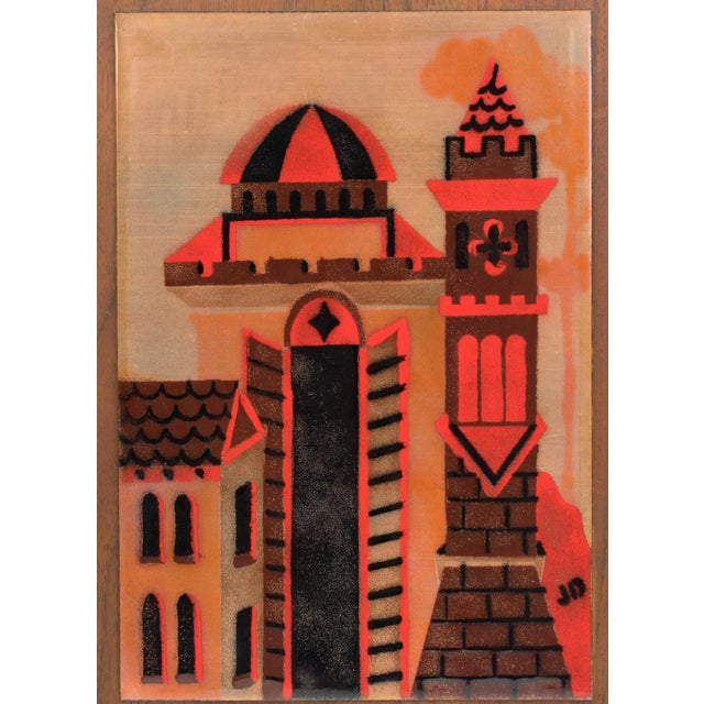 1950s Judith Daner Enamel Artwork Wall Panel Cityscape, a pair For Sale - Image 5 of 17