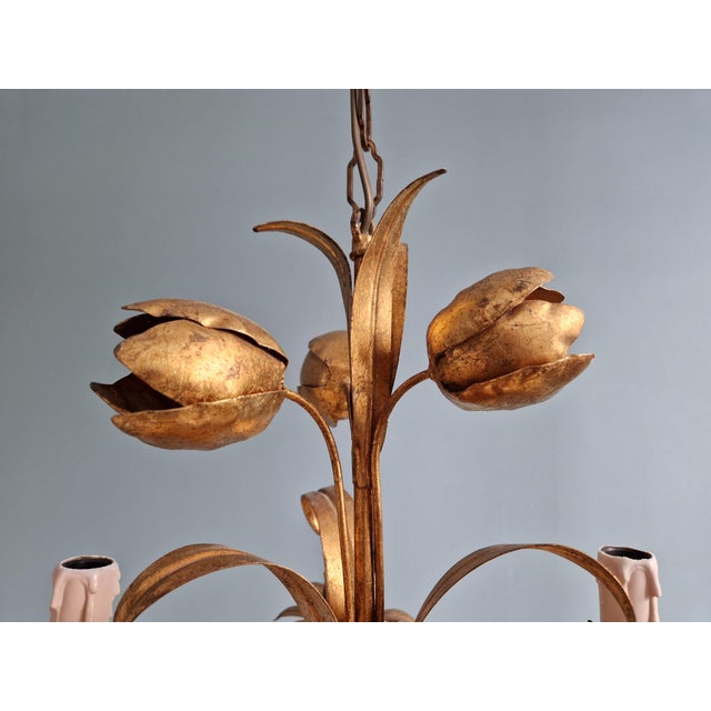 Italian Hollywood Regency Style Floral Chandelier in Gold Metal, 1970s For Sale - Image 6 of 12