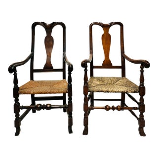 Pair of Antique 18th Century Queen Anne Style Mahogany Armchairs With Rush Seats For Sale