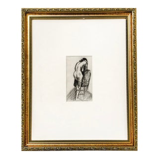 Small Antique Figure Charcoal Drawing on Paper From France in Frame For Sale
