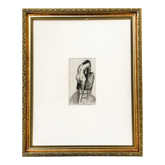 Small Antique Figure Charcoal Drawing on Paper From France in Frame For Sale