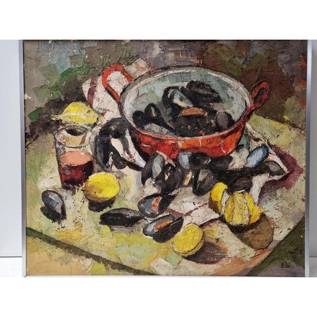 Modern Dutch or Belgian Artist, Still Life with Mussels and Lemons, 1970s, Oil on Canvas For Sale - Image 3 of 12