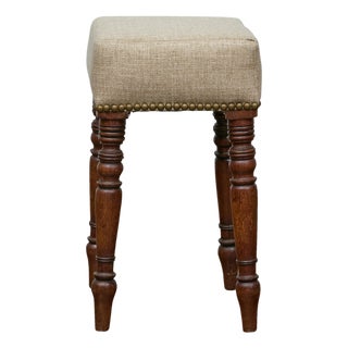 19th Century English Petite Oak Stool with Unique Top and Linen Upholstery For Sale