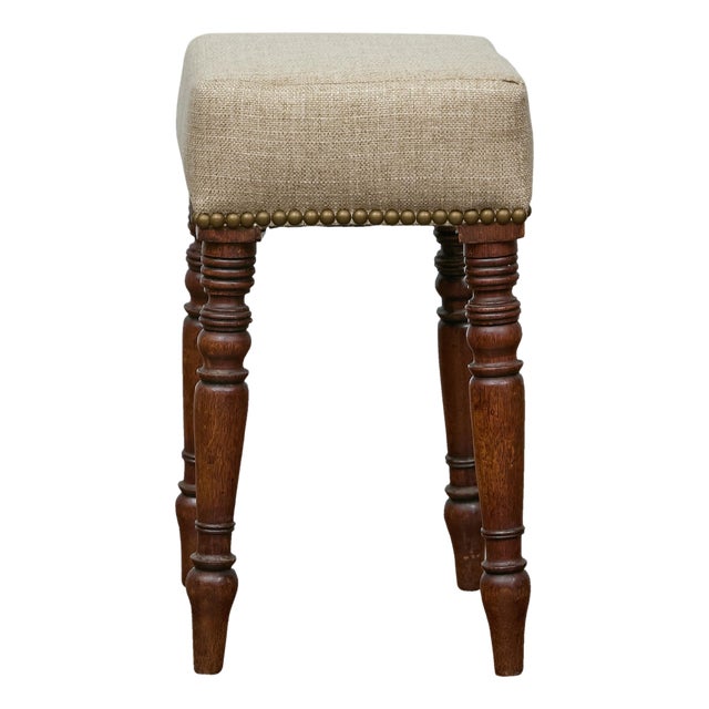 19th Century English Petite Oak Stool with Unique Top and Linen Upholstery For Sale