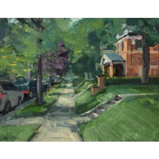 Denver Neighborhood by Jim Beckner | Oil on canvas board Street view of a residential neighborhood. For Sale