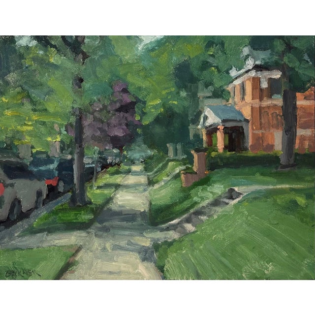 Denver Neighborhood by Jim Beckner | Oil on canvas board Street view of a residential neighborhood. For Sale