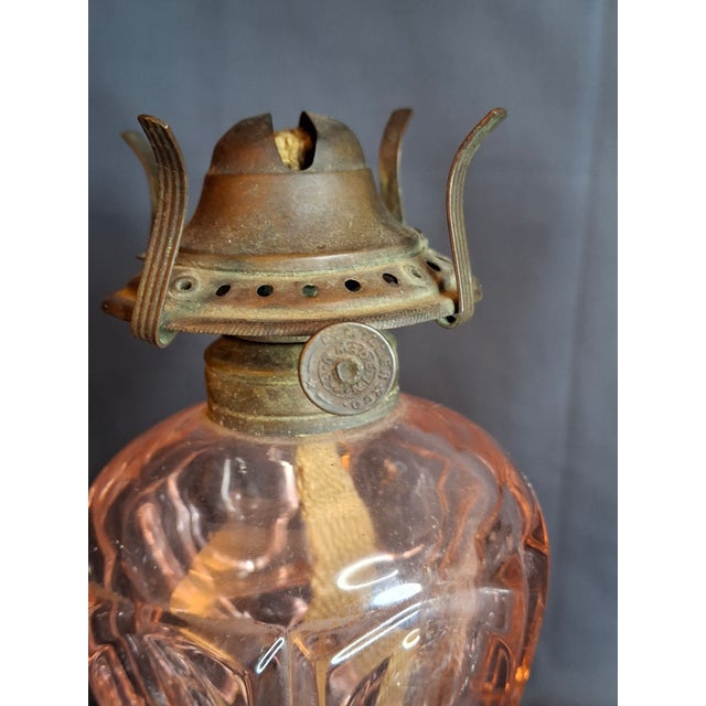 Vintage Pink Pressed Glass Kerosene Table Lamps - Matching Pair With Chimneys For Sale - Image 9 of 13