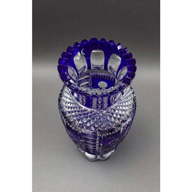 Mid 20th Century Bohemian Czech Cobalt Blue Cut to Clear Crystal Vase With Sawtooth Rim For Sale In Miami - Image 6 of 10