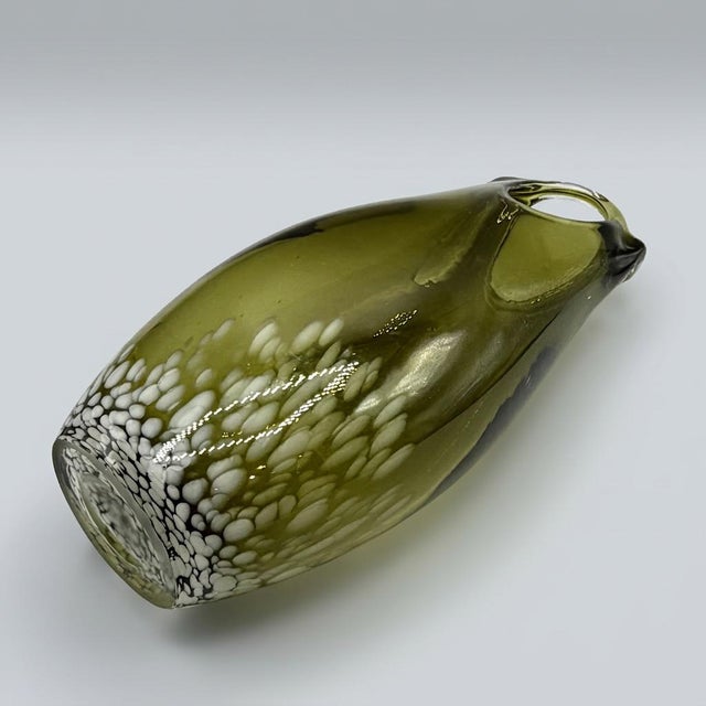 Green Large Mid-Century Hand-Blown Olive Green and White Spatter Art Glass Vase, 1970s For Sale - Image 8 of 17