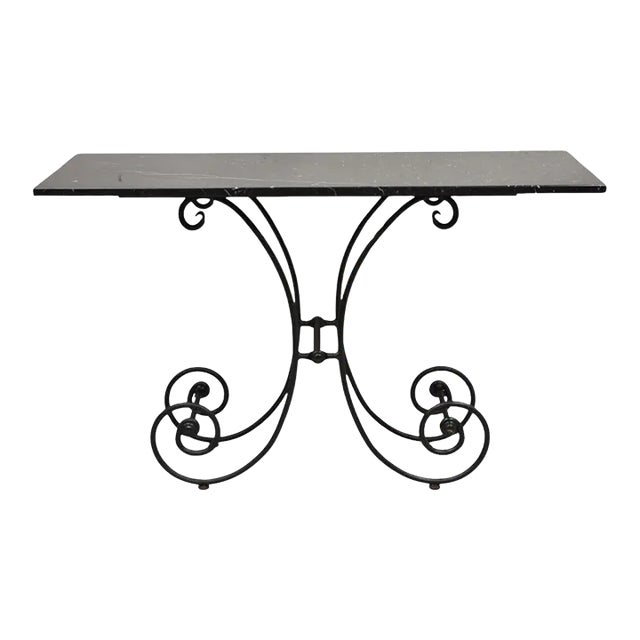 Early 20th Century French Country Pastry Style Wrought Iron Marble Top Baker's Console Table For Sale