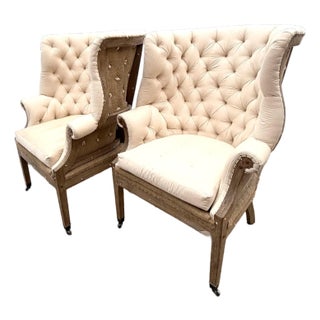 A Pair of Tufted Wingback Chairs in Ivory by Restoration Hardware Attributed to Ralph Lauren Heppelwhite Chairs For Sale