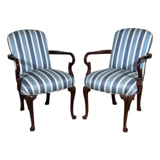 Pair of Vintage Upholstered Queen Anne Style Striped Armchairs With Shell Carving For Sale