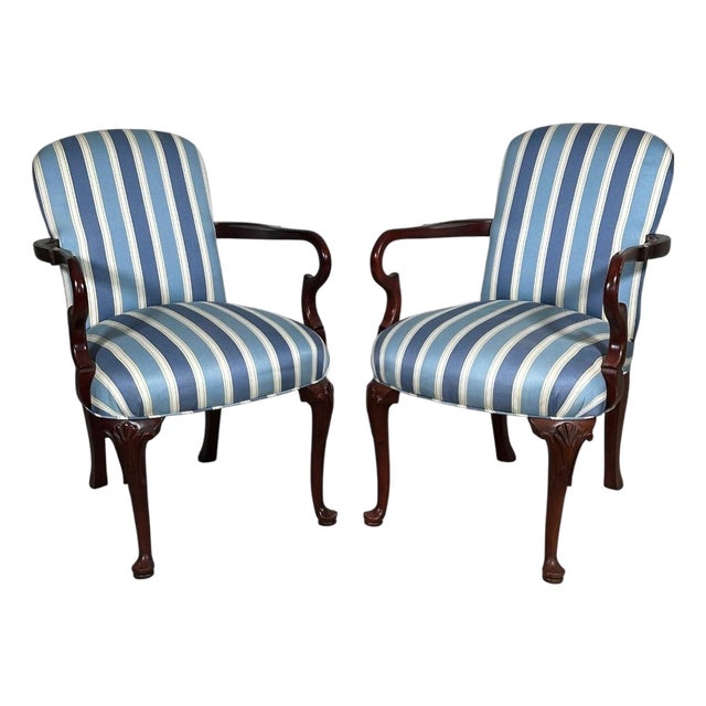 Pair of Vintage Upholstered Queen Anne Style Striped Armchairs With Shell Carving For Sale