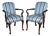 Pair of Vintage Upholstered Queen Anne Style Striped Armchairs With Shell Carving For Sale