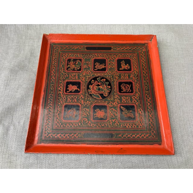Antique Black Red Burmese Lacquer Zodiac Tray For Sale - Image 10 of 17