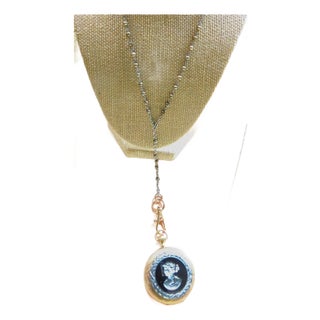 Vintage Pewter Woman Profile Cameo Pocket Watch Locket, Grey Pearl Link Chain For Sale