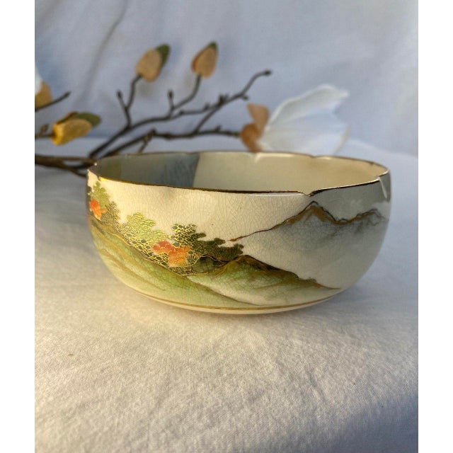Meiji Period Japanese Satsuma Lotus-Form Bowl, C. 1890–1910, Hand-Painted Landscape & Moriage Gilt For Sale - Image 4 of 11