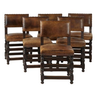 Set of Antique Leather Upholstered Dining Chairs For Sale
