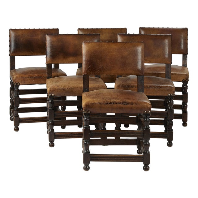 Set of Antique Leather Upholstered Dining Chairs For Sale