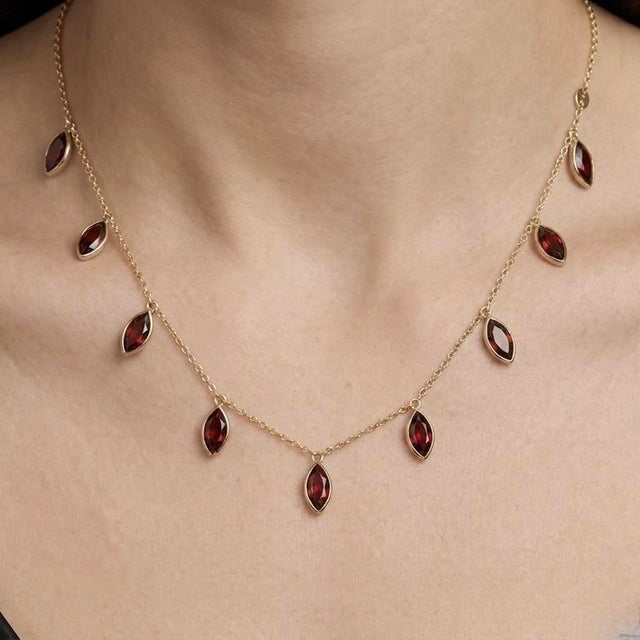 Contemporary Garnet Station Marquise Cut Necklace | Dangling Gemstone Dainty Necklace For Sale - Image 3 of 5
