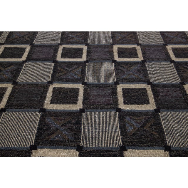 Charcoal Modern Swedish Style Room Size Wool Rug With Art Deco Motif For Sale - Image 9 of 9