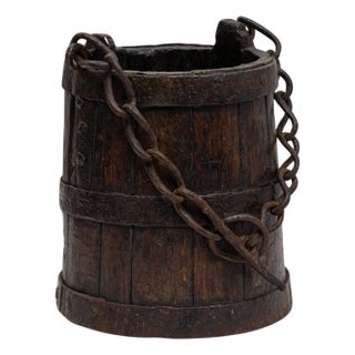 1800s French Primitive Wooden Bucket With Chain For Sale