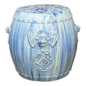 Chinese White Blue Glaze Bat Fortune Coin Pattern Round Ceramic Garden Stool