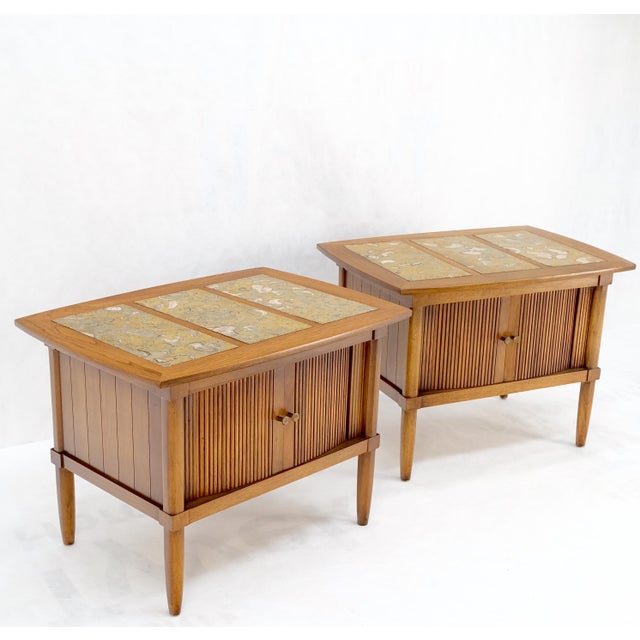 Pair Tomlinson Tambour Door Fossil Marble Top Side End Night Stands Tables Mint! For Sale - Image 14 of 14