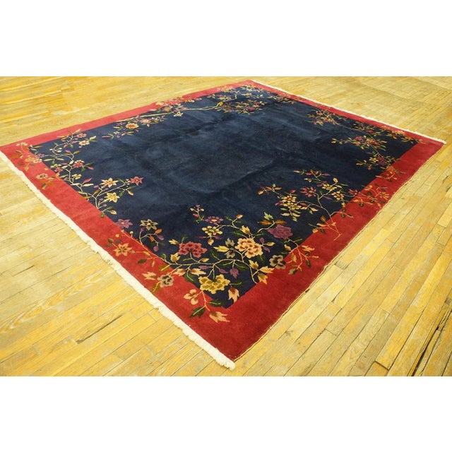 Art Deco 1920s Navy Blue Floral Antique Chinese Art Deco Carpet 7' 10'' X 9' 7'' Knotted Pile Wool Rug For Sale - Image 3 of 12