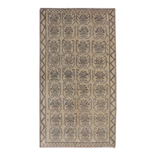 Light Taupe, Gray-Green, and Cream Turkish Tulu Vintage Rug With Latticework For Sale
