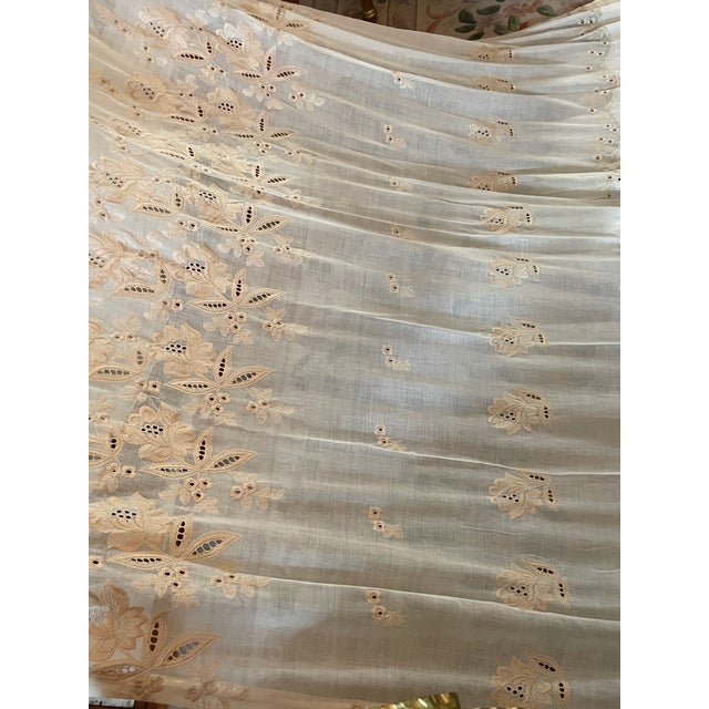 Pair of Vintage Embroidered Sheer Curtains – 76" X 90" Each – Floral Cutwork, Ivory Lace Panels For Sale - Image 4 of 12