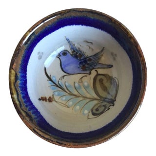 Stoneware Tonala Mexican Folk Blue Bird Bowl For Sale