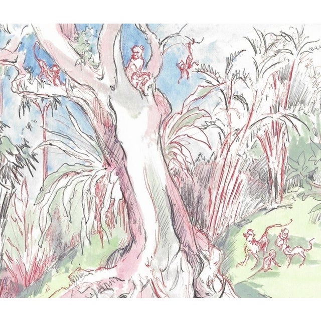 Watercolor and ink on paper by English artist Ivy Attwell (1895-1985) of monkeys in a forest landscape, somewhere in the...